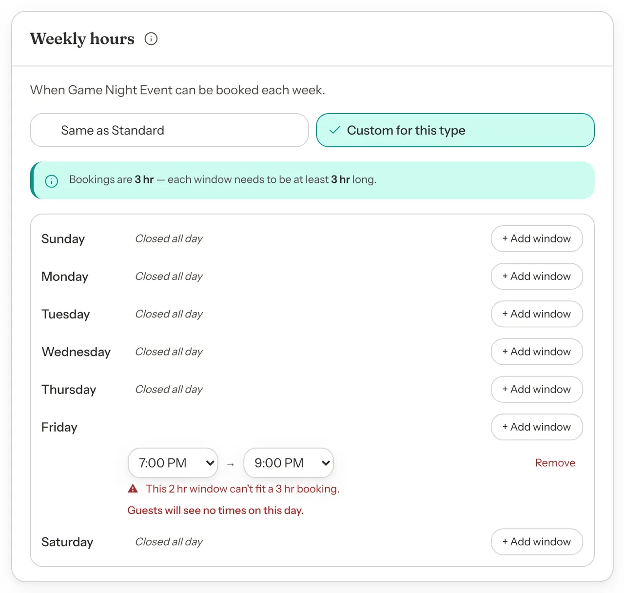 The Weekly hours card with a Friday window from 7:00 PM to 9:00 PM and red warnings reading This 2 hr window can't fit a 3 hr booking and Guests will see no times on this day.
