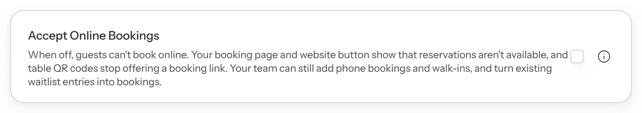 The Accept Online Bookings card on Booking Rules with its box unticked, beside help text saying guests can't book online while it is off.