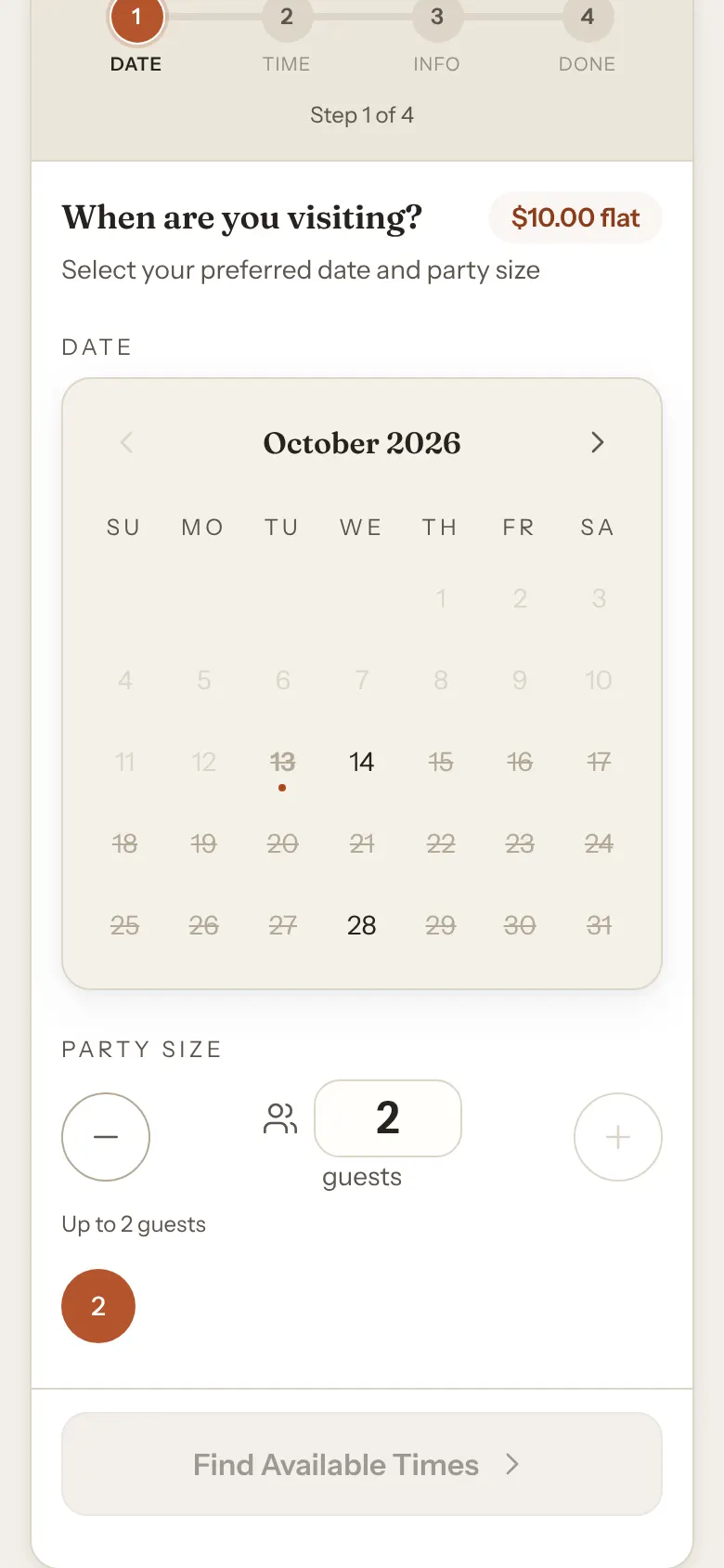 A phone showing the When are you visiting? calendar for the Warhammer type, with every day crossed out except Wednesdays, and the 21st crossed out for a holiday closure.