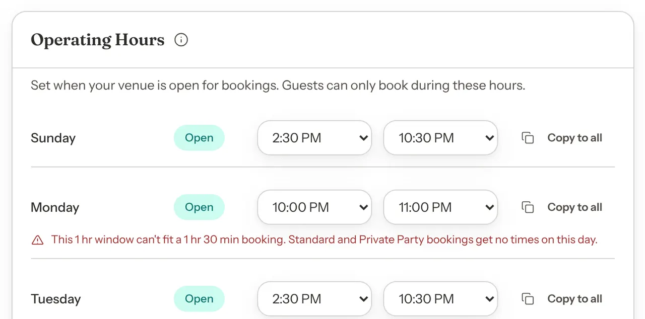 The Operating Hours card with Monday open from 10:00 PM to 11:00 PM and a red warning that this 1 hr window can't fit a 1 hr 30 min booking.