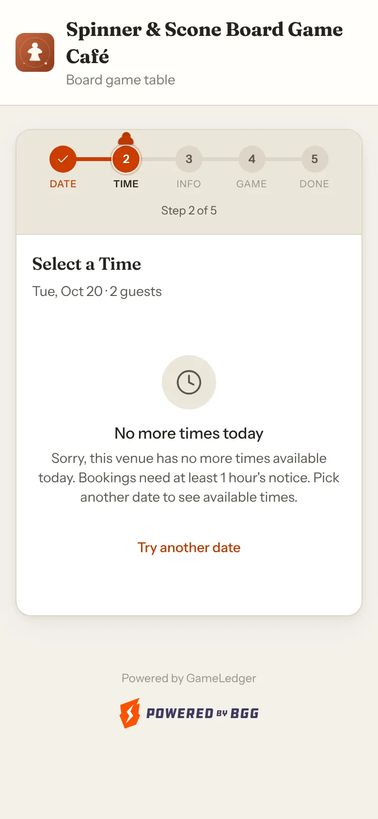 A phone showing No more times today, saying bookings need at least 1 hour's notice, with a Try another date link.
