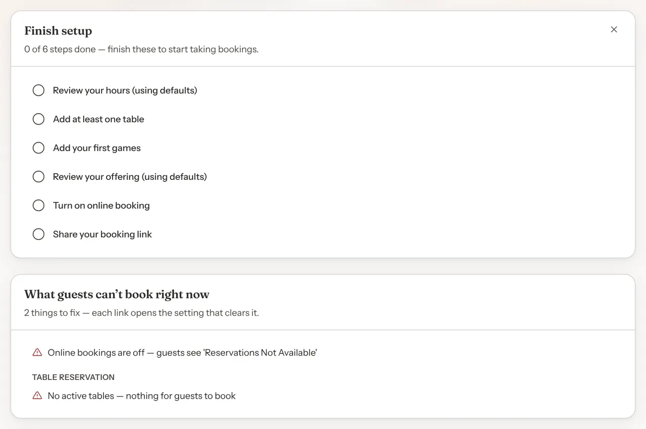 A new venue's dashboard with the Finish setup checklist, showing Add at least one table and Turn on online booking as not done, and a card listing what guests can't book right now.