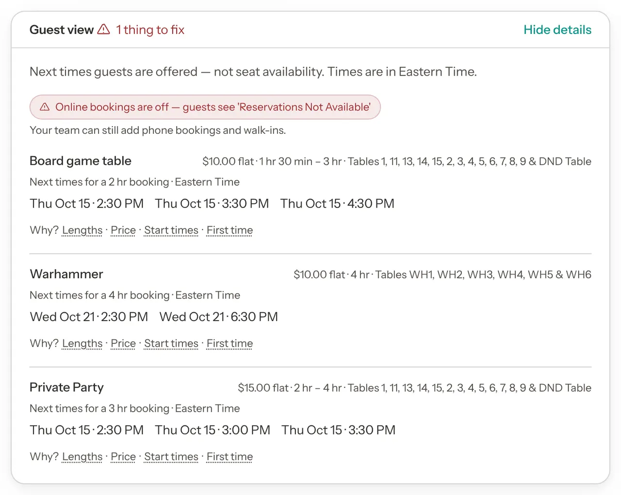 The Guest view card on Booking Rules reading 1 thing to fix, with a red flag that says online bookings are off and guests see Reservations Not Available.