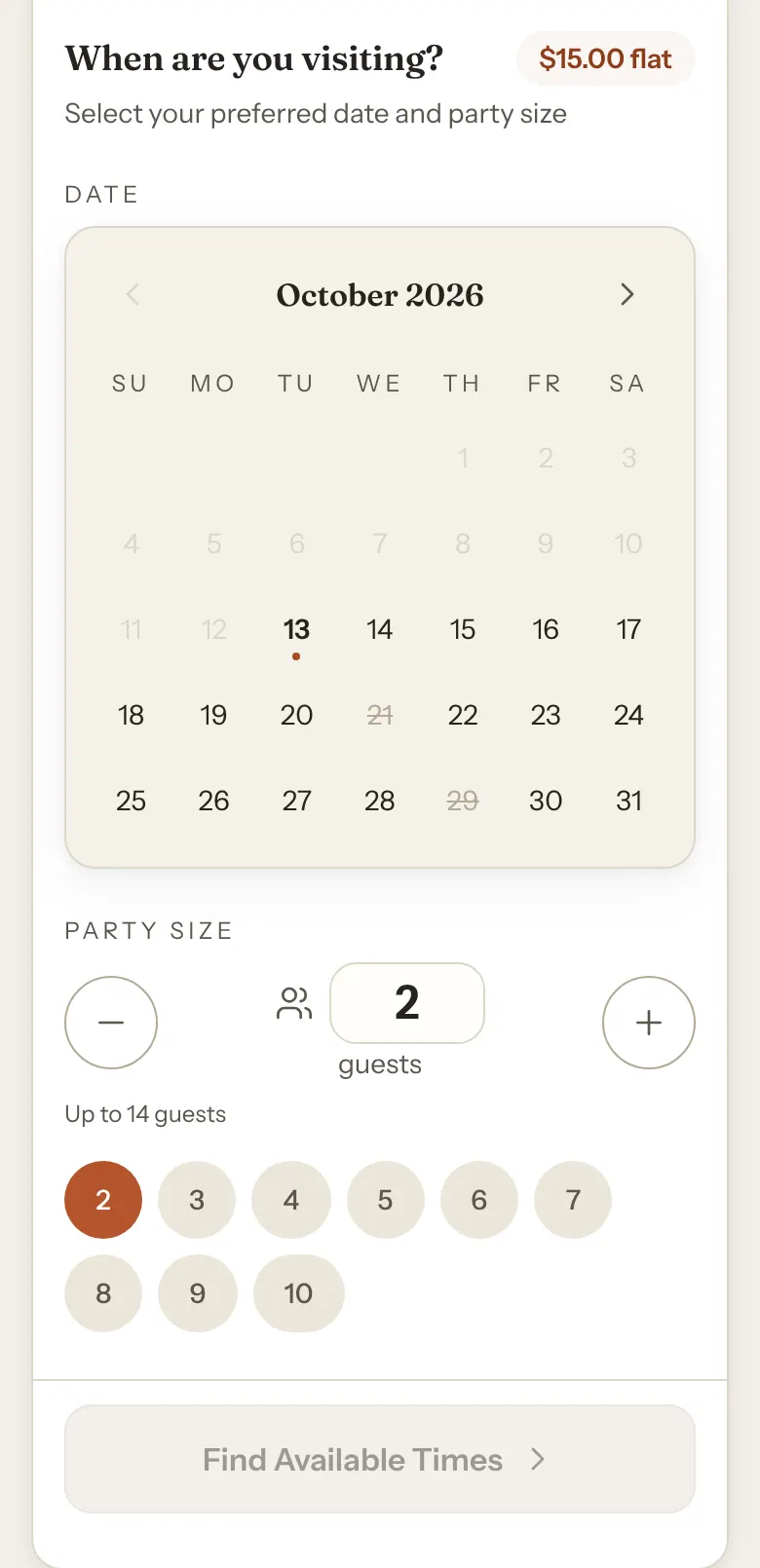 A phone showing the When are you visiting? step for a type with a largest party, with the party size control and the line Up to 14 guests under it.