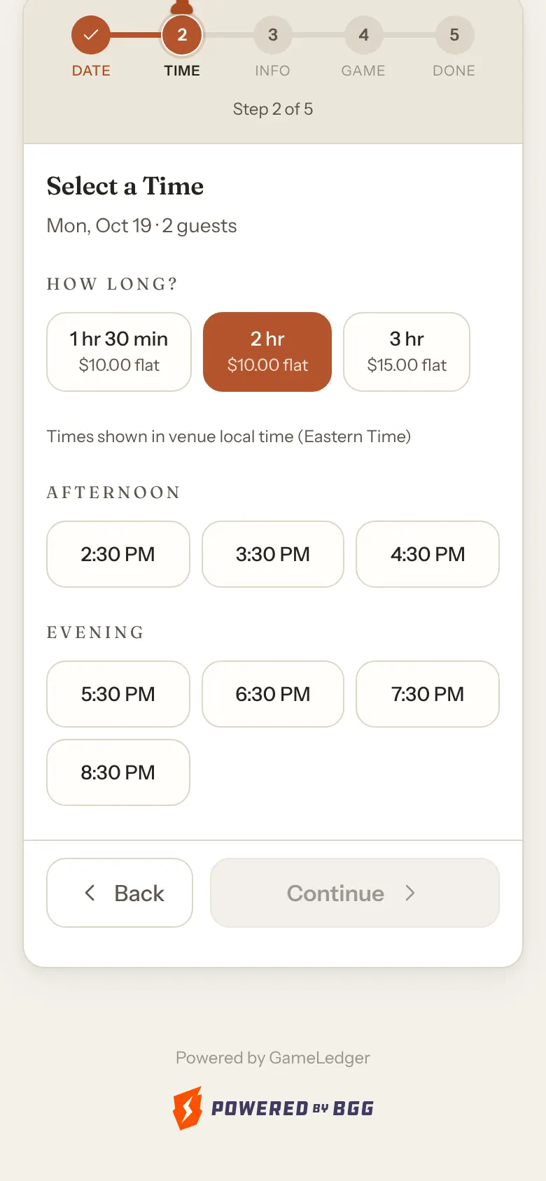 A phone showing the Select a Time step for a party of 2 with the lengths 1 hr 30 min, 2 hr and 3 hr, 2 hr picked, a line saying times are shown in venue local time, and start times every hour from 2:30 PM to 8:30 PM.