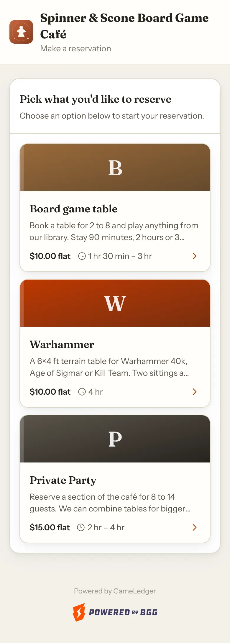 A phone showing the whole Pick what you'd like to reserve page, with cards for Board game table, Warhammer and Private Party, and no card for Game Night Event, which is off.