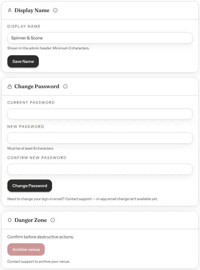 The Account tab in Settings with a Display Name card, a Change Password card with three password fields, and a Danger Zone card with a greyed-out Archive venue button.